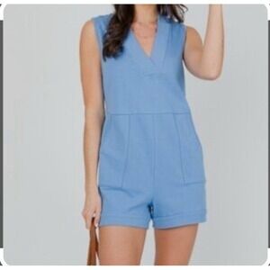 Ces Femme Comfort Zone Sleeveless V-neck French Terry Romper Size L Blue